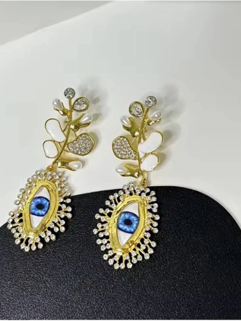 Schiaparelli inspired Gold Floral Drop Earrings with Iridescent Center